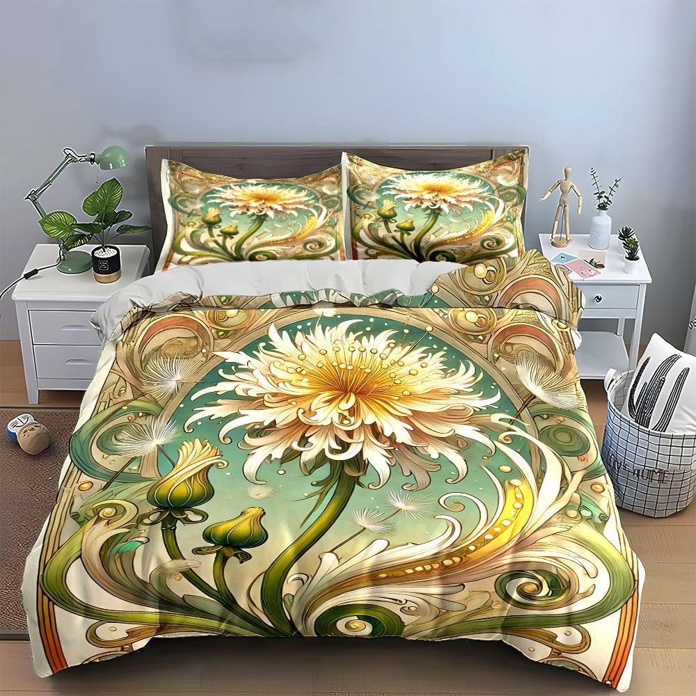 3Pcs Art Nouveau Dandelion Bedding Set, Ornate Floral Print Duvet Cover + 2 Pillowcases, Vintage Boho Decor