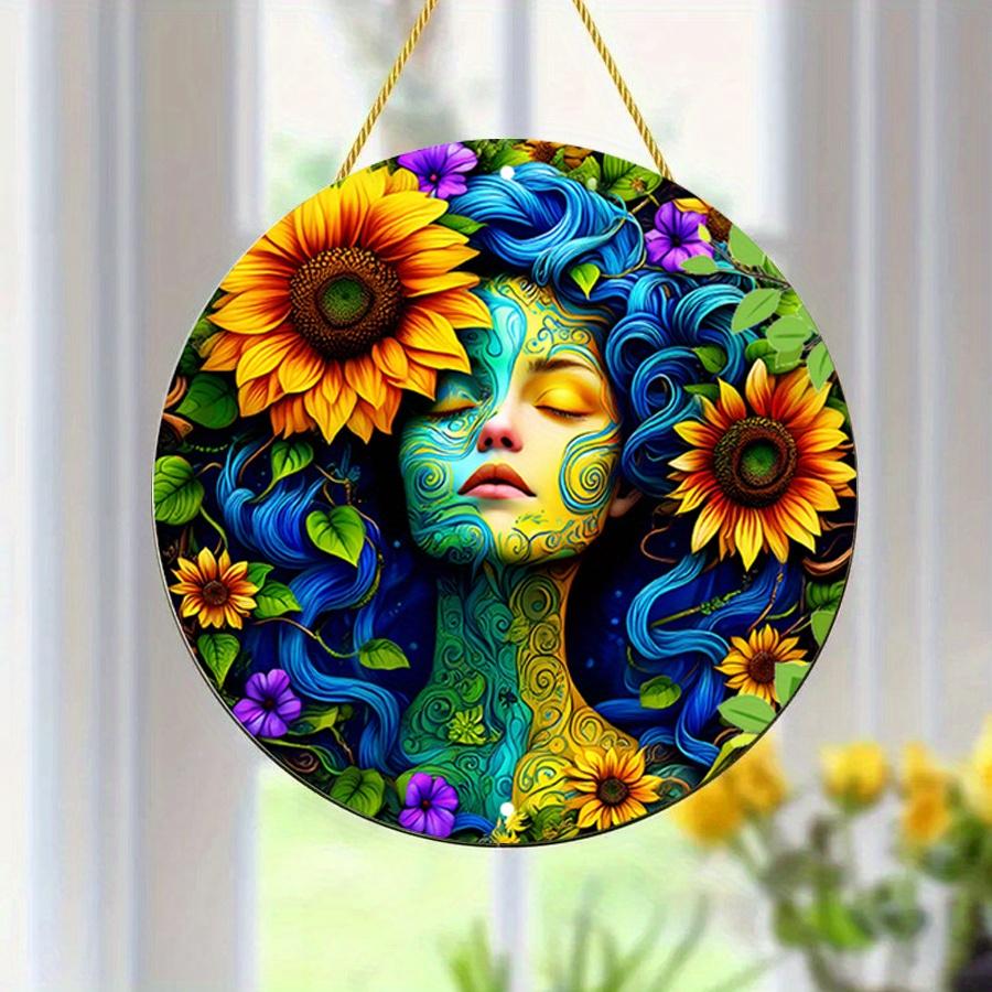 2D Flat 20*20cm1pc Earth Goddess Sunflower Mandala Pattern Round Girl Bedroom Environmental Decor, Color Printed Wood Panel Wall Hanging, Boho Style