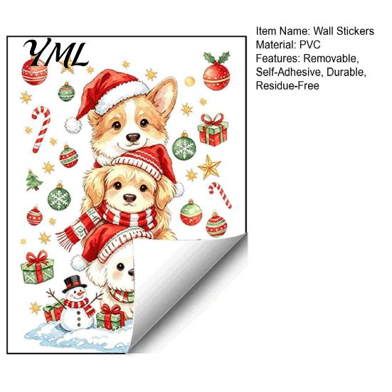 Indoor Christmas Wall Ornaments Decals, Watercolor Stacked Dogs Stickers, Self?Adhesive PVC Xmas Holiday Decor for Living Room Puppy Stickers