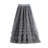 Women Cake Skirt Solid Color Mid-Waist Long Skirt with Elastic Waist Mesh