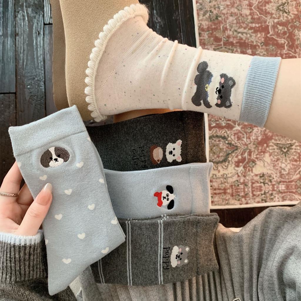 Little Dog Embroidery Gray-blue Series Socks, Women's Mid-calf Socks, Versatile Cotton Socks, Boneless Cartoon Cute Pile Socks