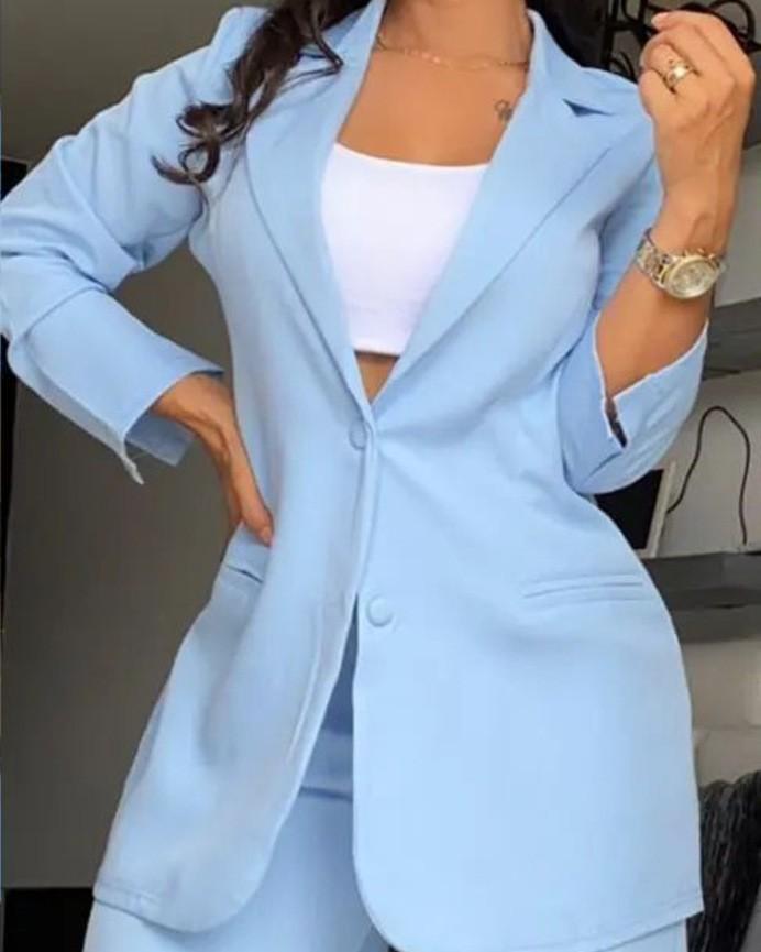 Women's Solid Color Split Sleeve Lapel Suit Straight Pants Suit