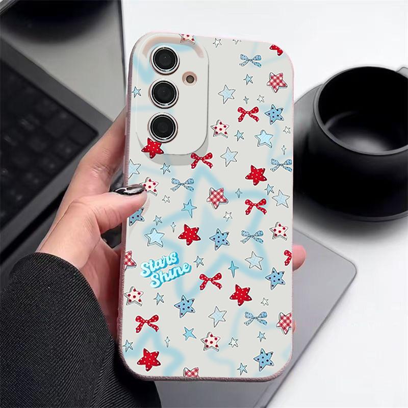 Чехол со звездочками и бантами для Samsung Galaxy A57 A37 A17 A56 A36 A26 A16 A55 A35 A15 A54 A34 A14 5G Силиконовый чехол с текстурой кожи