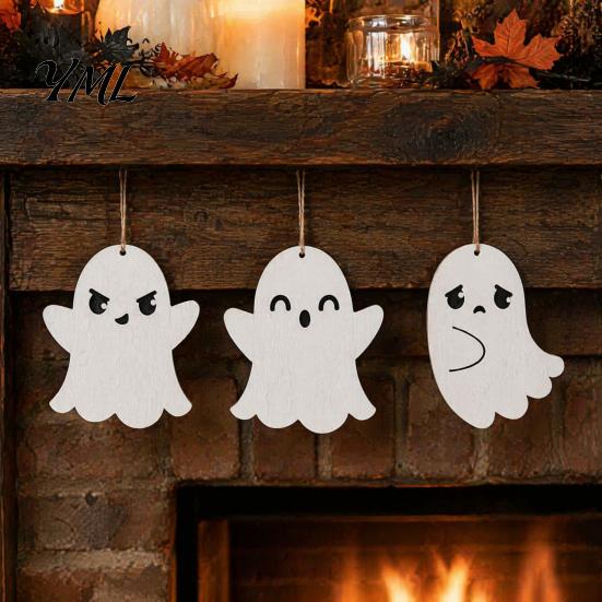 Easy Install Party Wall Decor Wooden Ghost Hanging Sign, Spooky Halloween Wood Sign with Jute Rope, Cute Black White Supplies Decor, Rustic Farmhouse