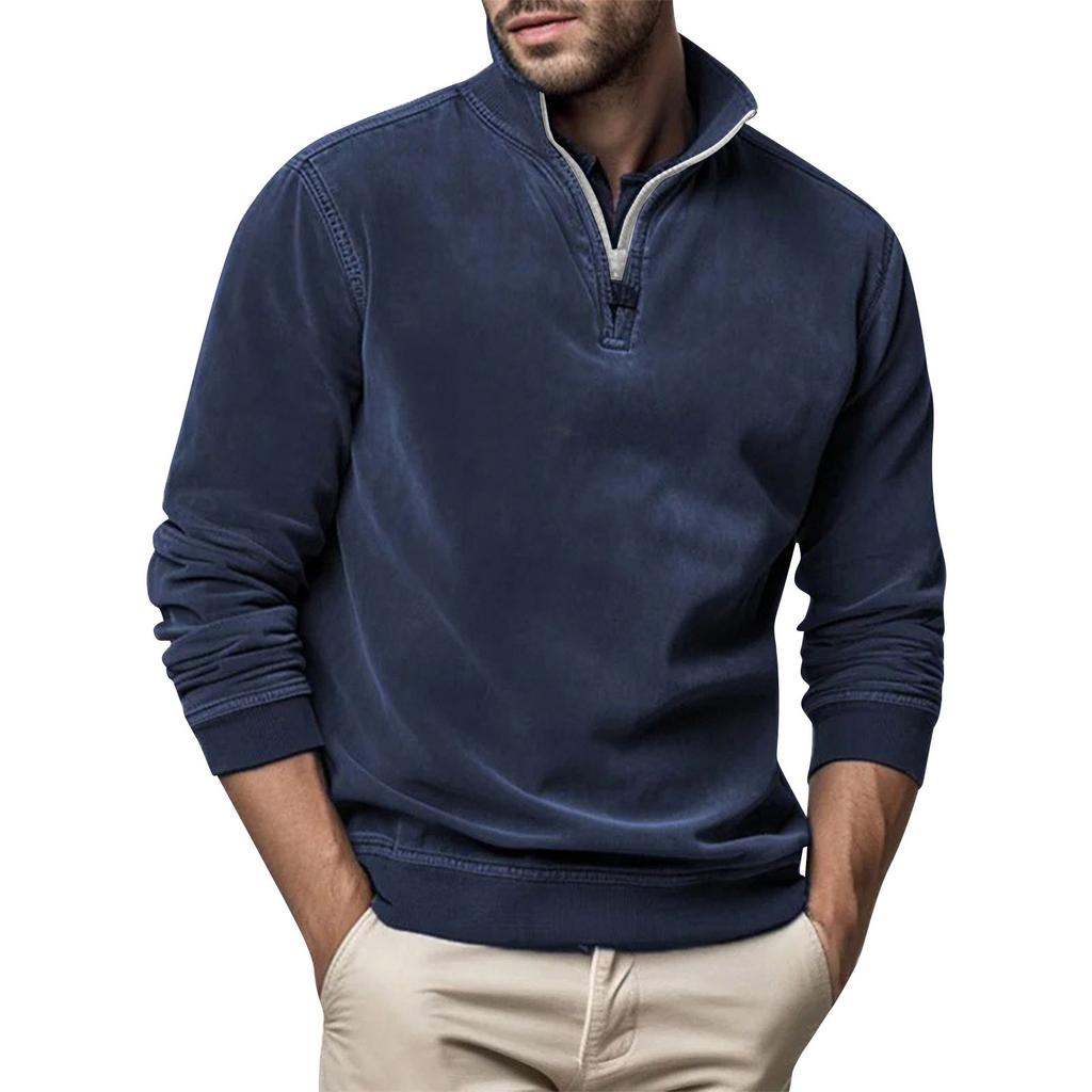 Мужской модный топ, повседневный приталенный пуловер с длинным рукавом на молнии, маленький высокий воротник