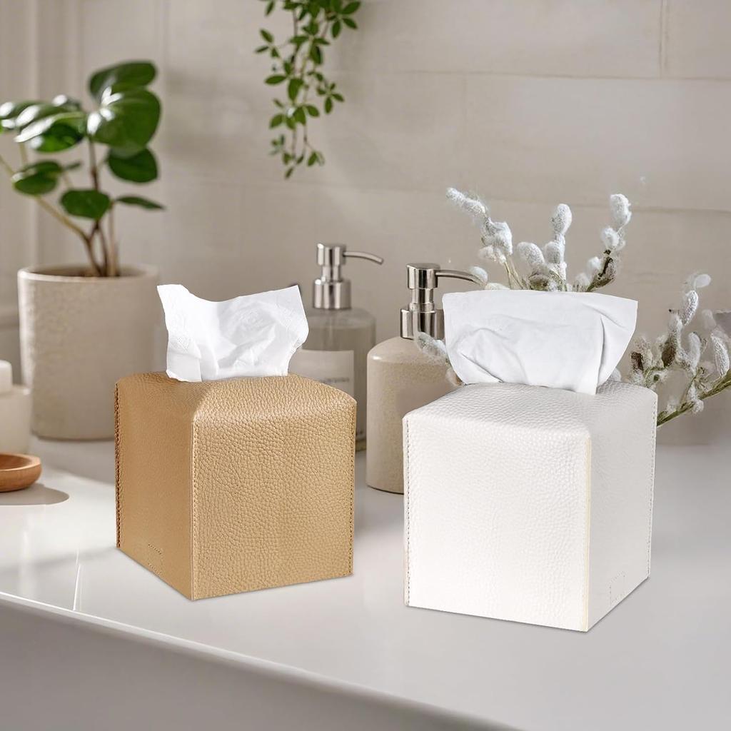 Tissue Box Cover, 2 Pack Beige & White Square PU Leather Tissue Box Holder Decrative Tissue Cube Organizer for Tabletop, Bathroom, Car, Office