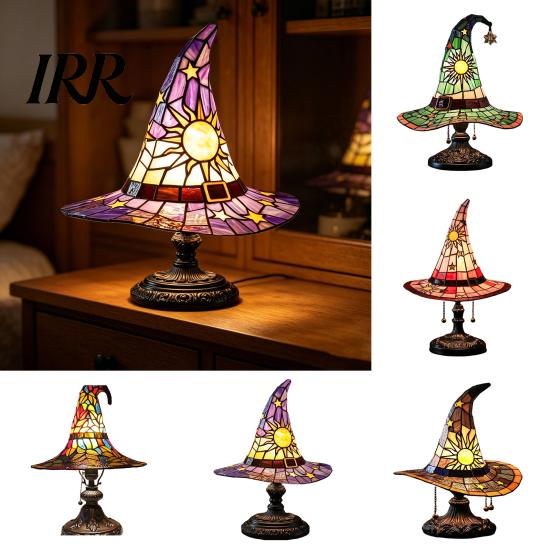 Low Energy Desk Lamp Stained Glass Style Witch Hat Lamp, USB Powered Resin Wizard Night Light Retro Gothic with Sun Star, Halloween Table for Bedroom