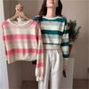 American Short Striped Round Neck Sweatshirt for Female Students Autumn New Loose Thin Student Long-sleeved Top Trendy