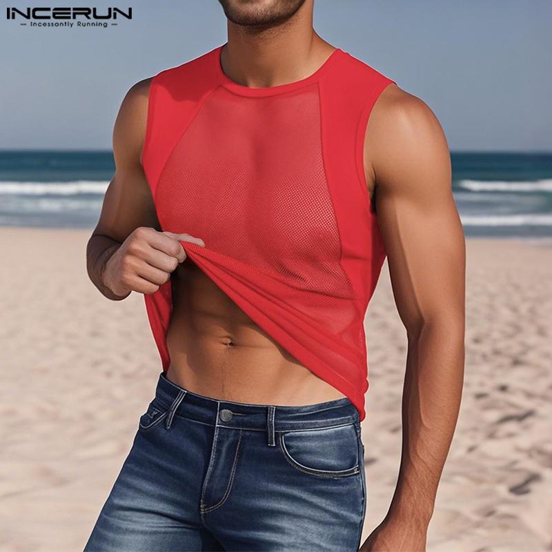 INCERUN Men Sleeveless Mesh Sheer Patchwork Casual Sport Fitted Tank Tops