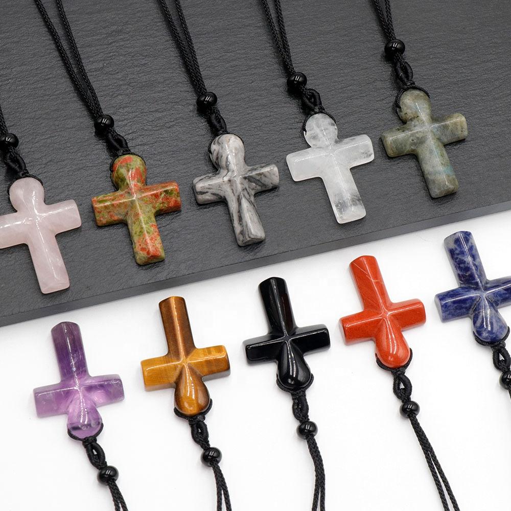 Natural Crystal Woven Cross Religious Cross Christian Natural Crystal Necklace Cross Necklace for Thanksgiving Gift