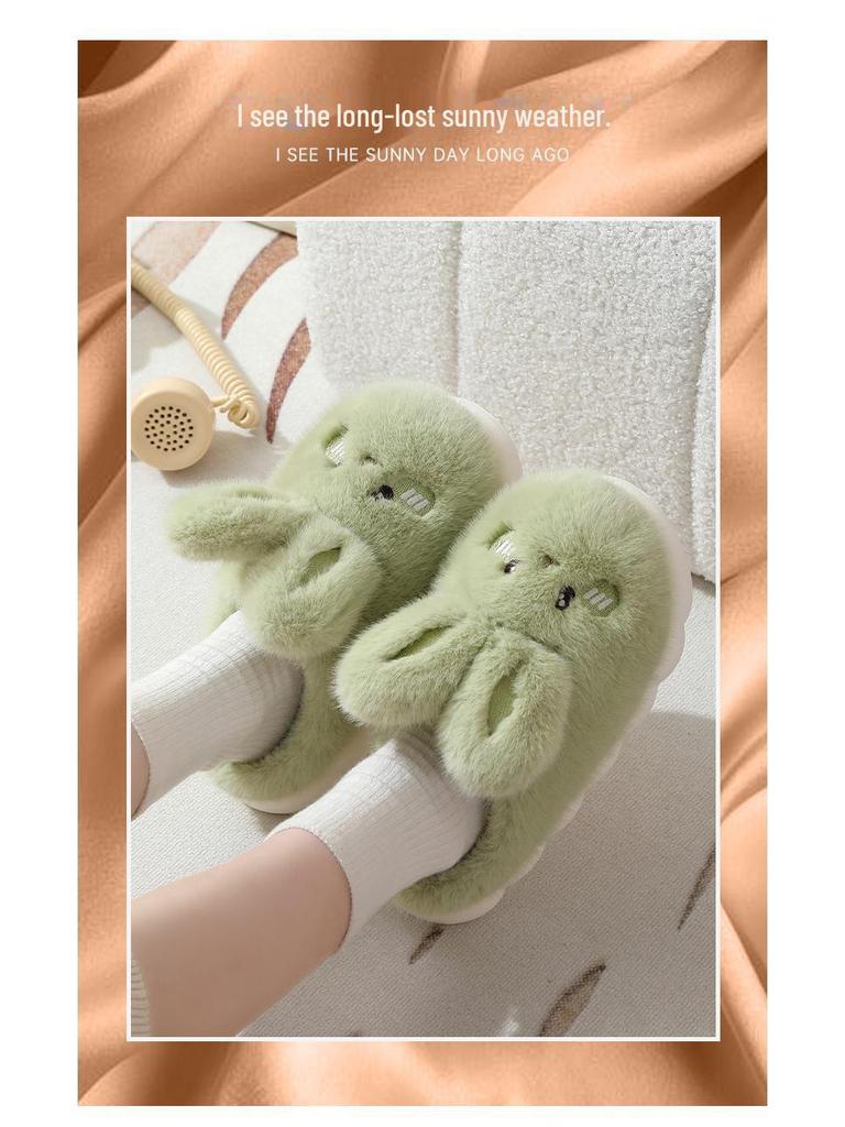 Женские зимние плюшевые тапочки с кроликом - на толстой подошве, нескользящие, мягкие, домашняя обувь