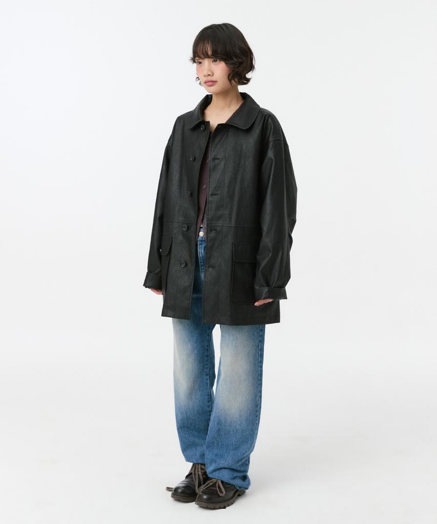 OHESHIO Signature Label Vegan Leather Jacket, Black