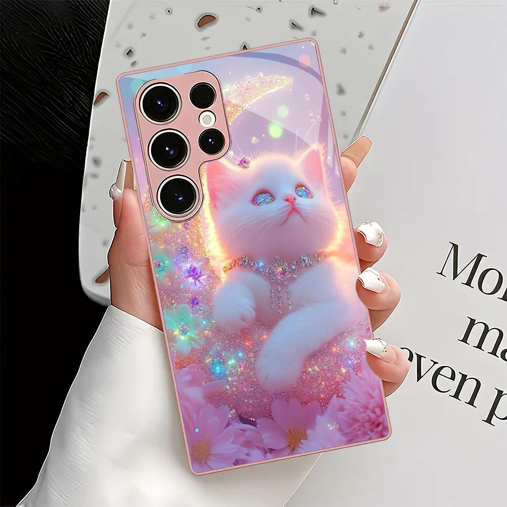 Симпатичный чехол для телефона из стекла с рисунком кошки, подходит для Samsung Galaxy S26 S25 S24 S23 S22 S20 FE/Ultra/Plus, противоударная задняя крышка