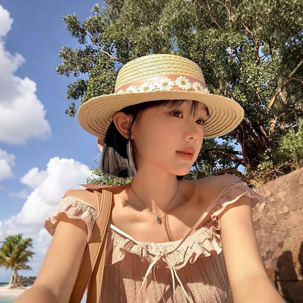 Sweet Floral Ribbon Bowknot Straw Hat for Women Summer Wide Brim Sunshade Dome Basin Cap French Girls Travel Beach Fisherman Hat