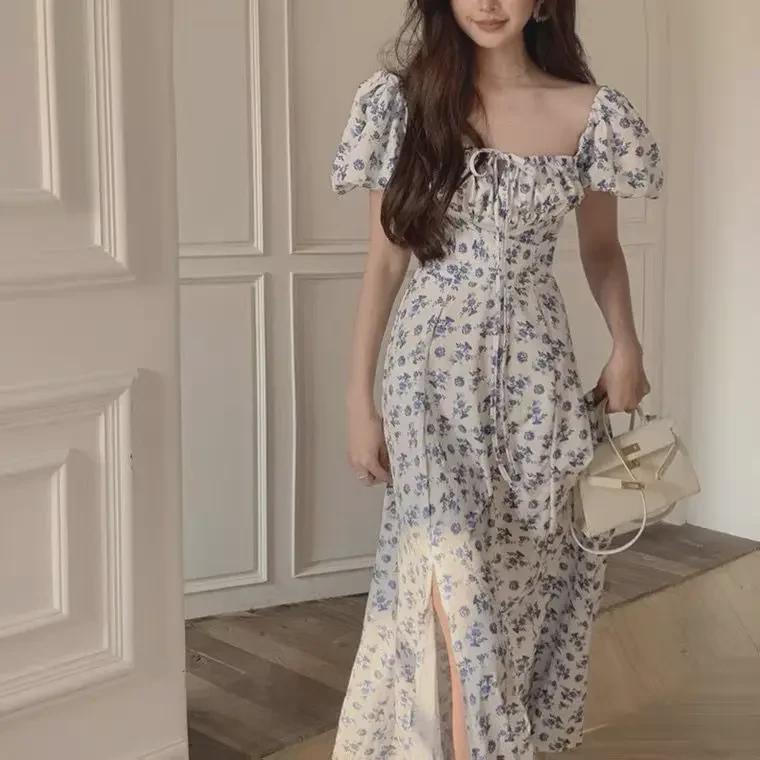 Women’s Blue Floral Summer Dress with Slit, One-Shoulder, Clavicle-Highlighting French Tea Break Style
