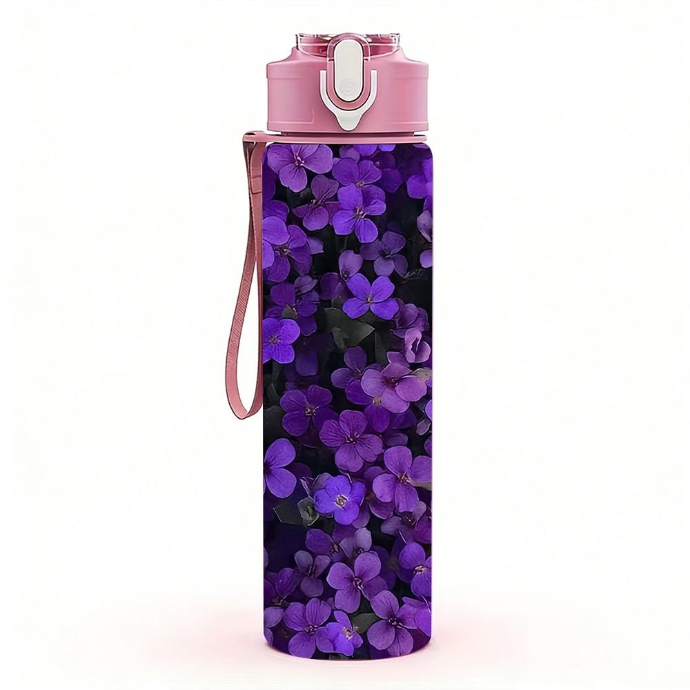 1PC Purple Lilac Flower Cluster Print 750ml Color Plastic Sports Water Bottle Leakproof Flip Straw Lid Suitable for Sports Office Home Use