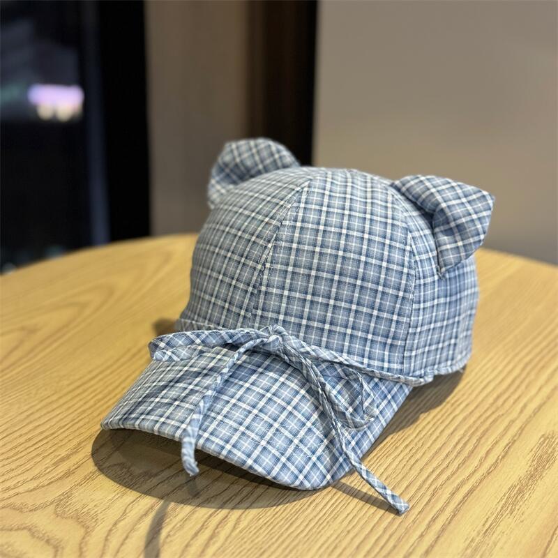 Модная Бейсболка в Корейском Стиле с Ушками Кошки, Клетчатая, Стиль Галстука-бабочки, Козырек, Дышащая, Защита от УФ, Плоская Кепка, Унисекс, Для Улицы