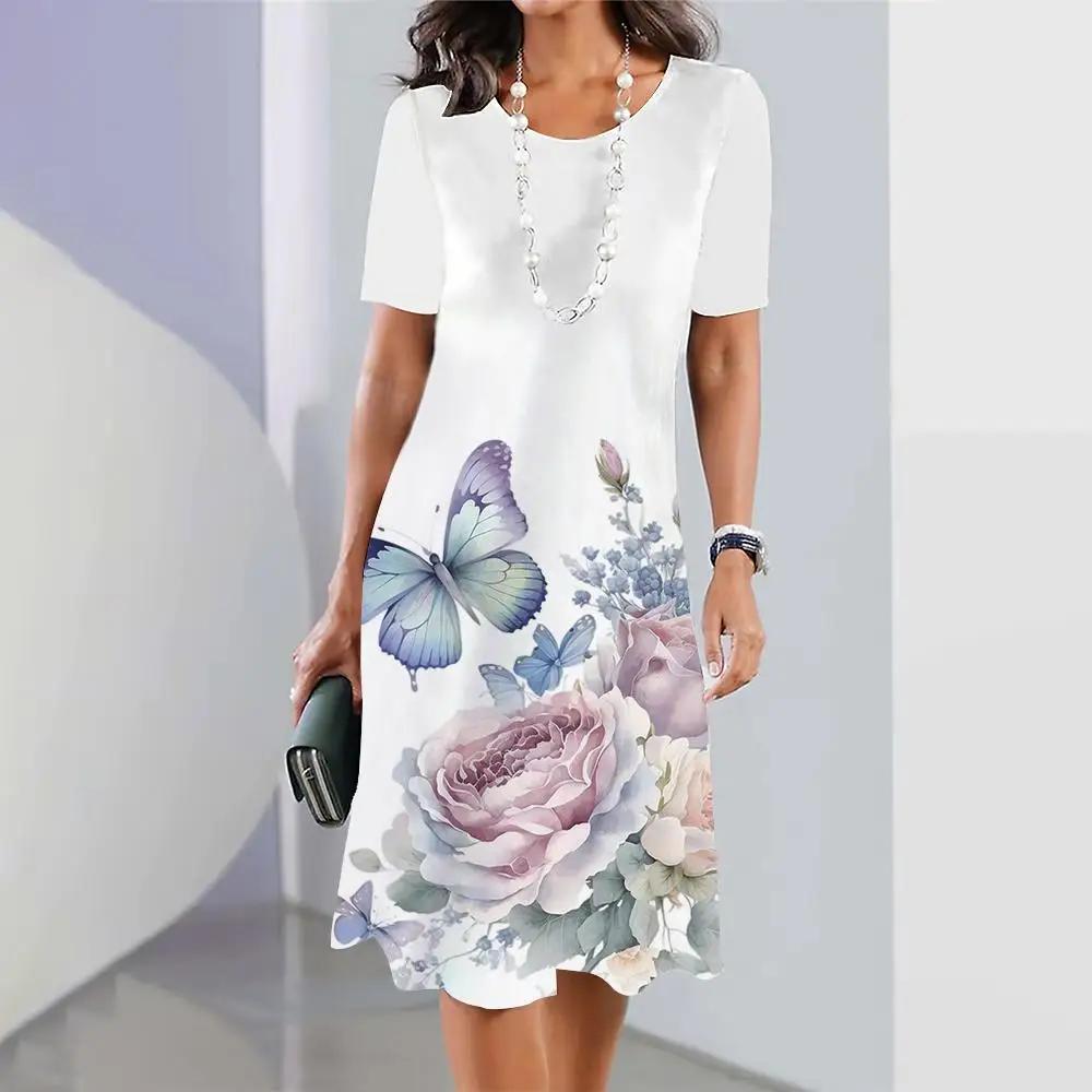 Платья для женщин больших размеров с принтом в виде 3D-бабочки и цветов Элегантная одежда с короткими рукавами Платье А-силуэта в стиле ретро Цветная одежда