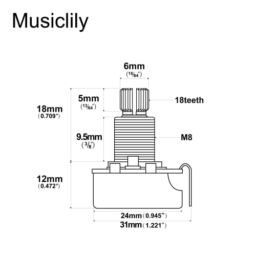 Alpha Potentiometer, 24, 500K, B-Curve, Metric Size, for Electric Guitar/Bass (Pack of 4)
