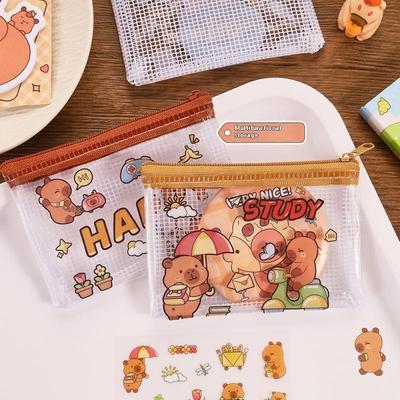 2 шт. Милая сумка для хранения монет Capybara, прозрачная сетка на молнии, кошельки для монет, мультяшный кошелек, портативные водонепроницаемые прозрачные сумки, подарки