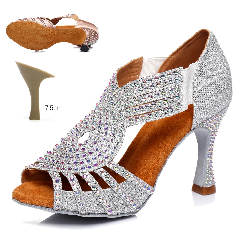 Атласные туфли для латиноамериканских танцев для женщин, взрослые, сексуальные туфли на высоком каблуке, со стразами, туфли для бальных танцев, танго, сальса, каблук 7,5 см