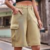 5Colors 2XL Women's Fashion Casual Solid Color Washed Denim Multi-Pocket Belt Overalls Five-Point Shorts