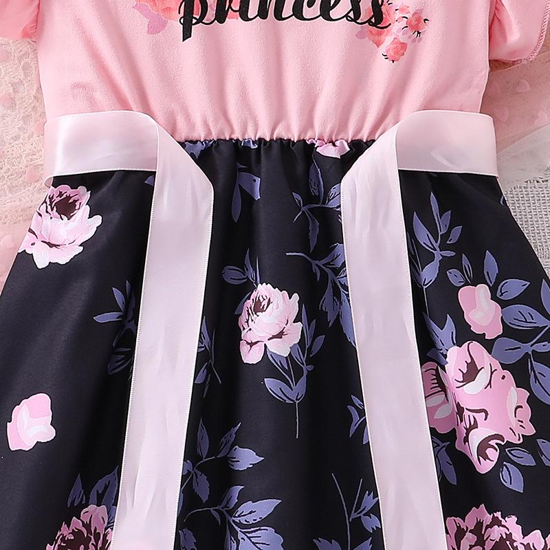 Платье с цветочным принтом для девочек, коллекция 2024 г., летняя модная детская одежда, розовые рукава-лепестки, детская юбка принцессы, хлопковые платья
