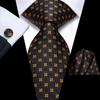 Hi-Tie Dark Gold Plaid Jacquard Mens Silk Tie Classic Necktie Cufflink Hanky Set