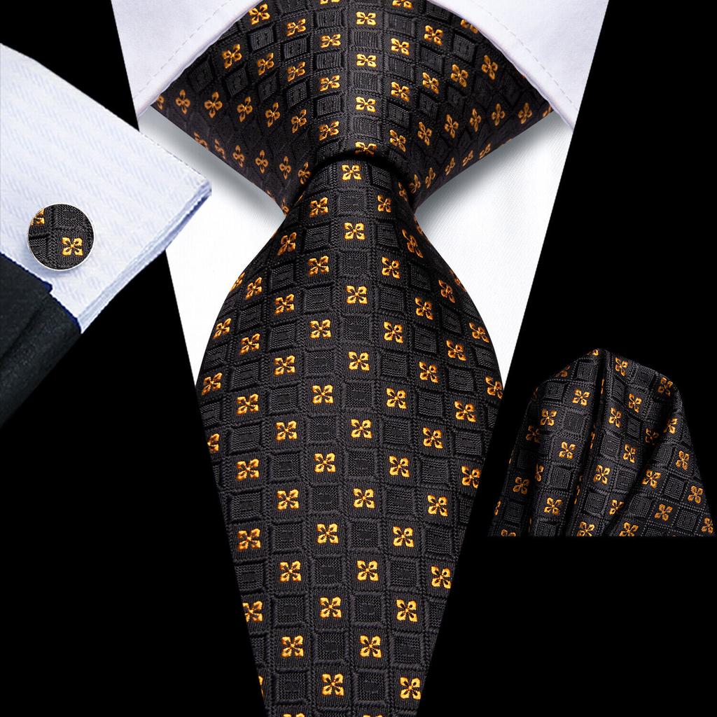 Hi-Tie Dark Gold Plaid Jacquard Mens Silk Tie Classic Necktie Cufflink Hanky Set