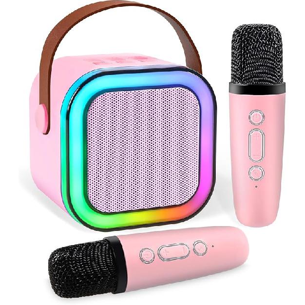 Mini Karaoke Machine,Portable Bluetooth Speaker with 2 Wireless Microphone for Kids Adults with Led Lights,Christmas Birthday Gifts for Girls Ages