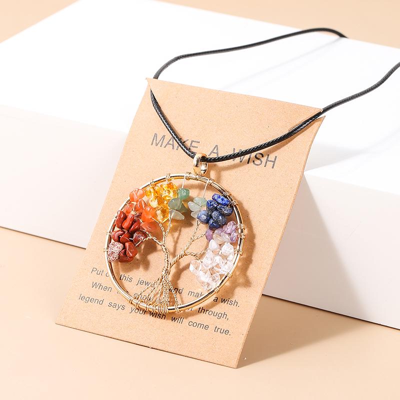 JD Natural Crystal Chip 7 Chakras Tree Of Life Pendant Necklace Gold Color Wisdom Reiki Healing Energy Jewelry Lucky Couple Gift