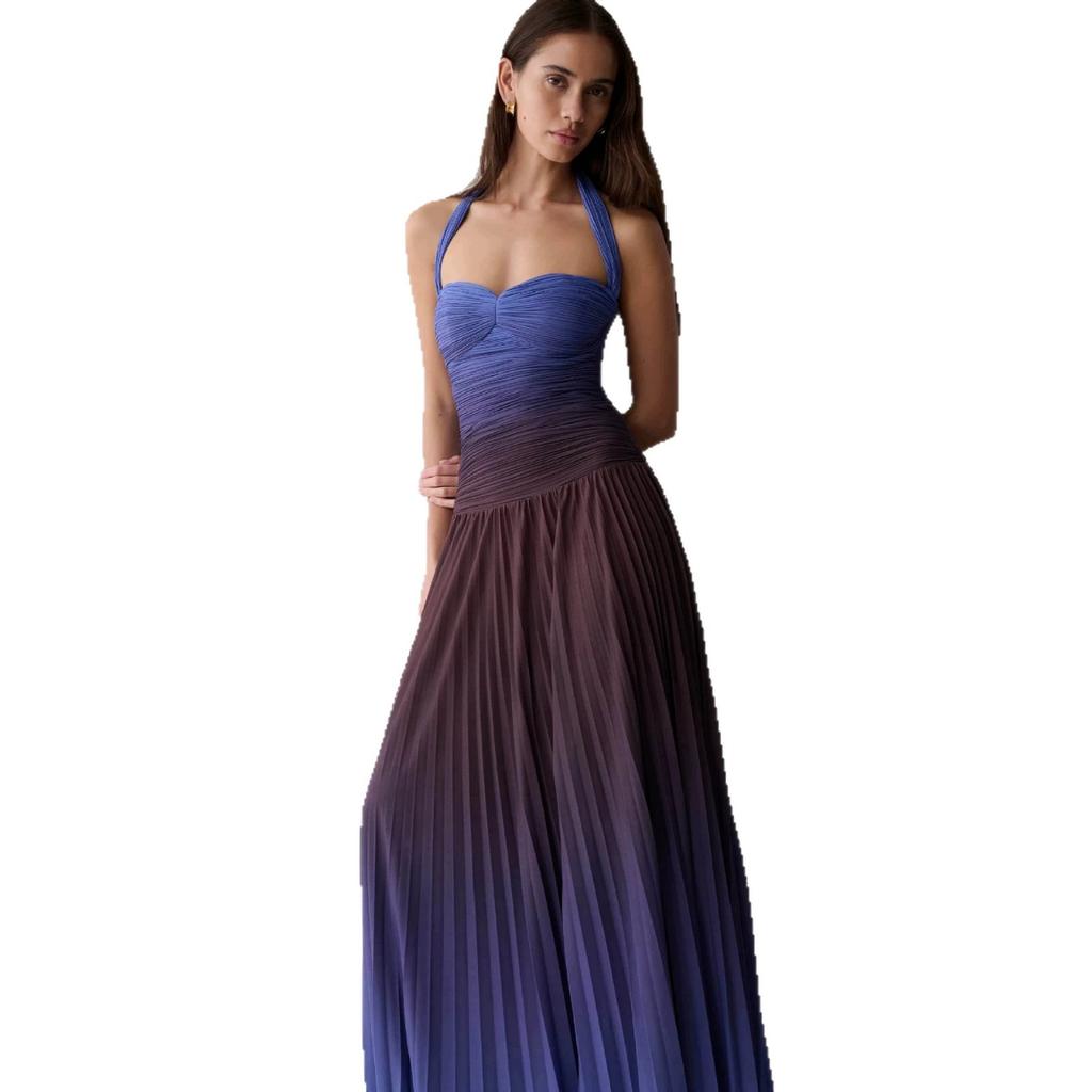 Summer suspender backless sexy neck gradual change color dress temperament pleated European and American high-end dress