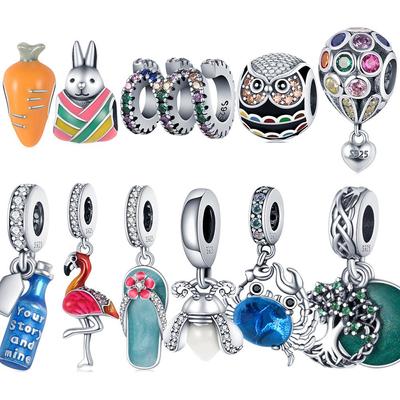 Стерлингового серебра 925 пробы, подвеска-подвеска с кроликом, морковью, совой, змеей, фламинго, крабом, генеалогическим древом, подходит для оригинального браслета и браслета, бусины