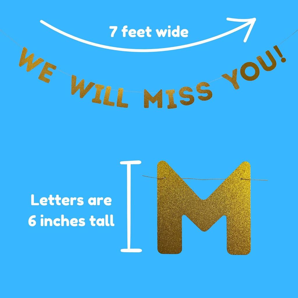 We Will Miss You Banner, Farewell Party Decoration, Perfect Pre-Strung Glitter Gold Sign for Going Away, Retirement, Coworker Leaving, or Goodbyes, 7