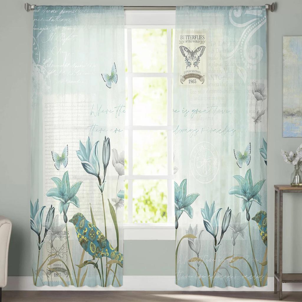 Rustic Vintage Tulip Flower Bird Sheer Voile Window Curtains Tulle Curtains Living Room Balcony Decoration Drapes