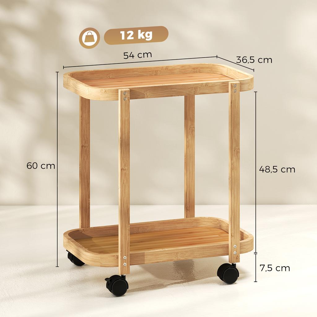 2 Tier Bamboo Kitchen Cart Auxiliary Kitchen Cart With Wheels 2 Shelves 54x36.5x60 Cm Natural