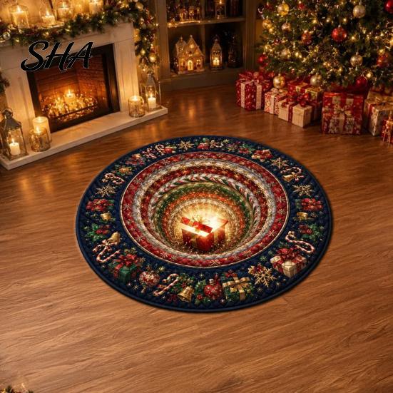 Soft Crystal Velvet Carpet Round Christmas 3D Rug, Optical Illusion Area Santa Claus Gnome Quilted-Like Comfortable Barefoot Floor Mat Anti-slip
