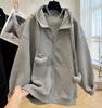 Plus Size Women Long Sleeve Hoodie Spring Autumn Loose Casual Oversized Hooded Sweatshirt Gray Black Zipper Coat