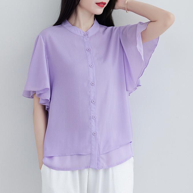 Literary Summer Loose Stand Collar Solid Color Short Sleeve Shirt Women's Fashion Flying Sleeve Blouse Top