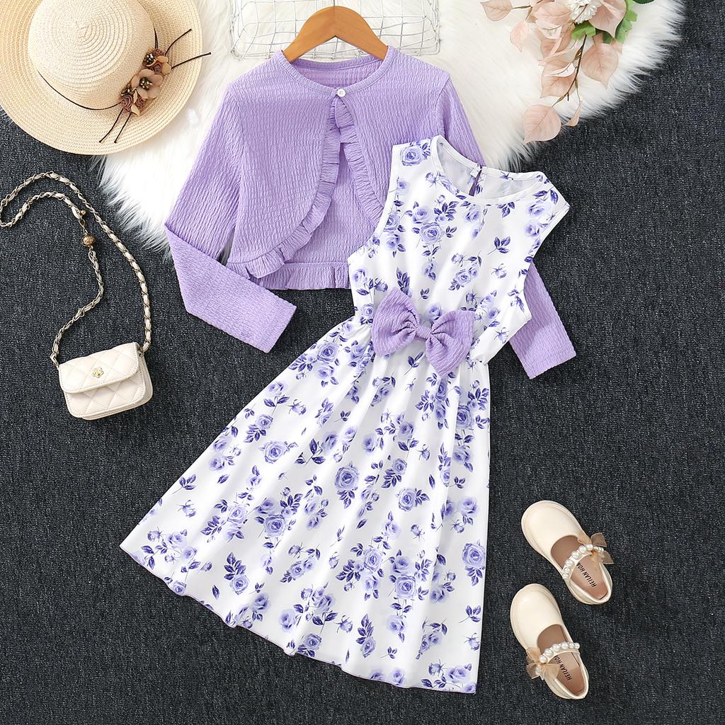 With Girls Longsleeved Printed Jacket Bow Dress Twopiece Sets Kids Colthes
