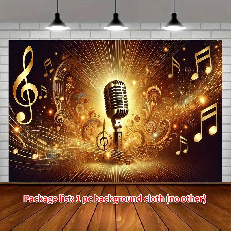 2D Flat Banner 1 piece - Retro microphone and musical note party banner background - Gold/Black shiny star design