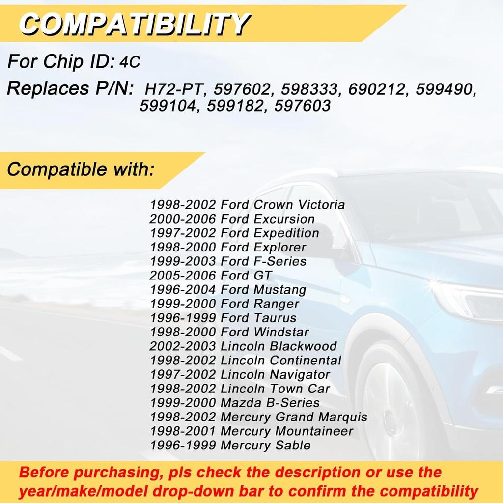 H72-PT 4C Chip Transponder Ignition Car Key Replacement for Ford Expedition Explorer F-150 Mustang Lincoln Navigator Mazda Mercury, New Uncut, 2Pcs