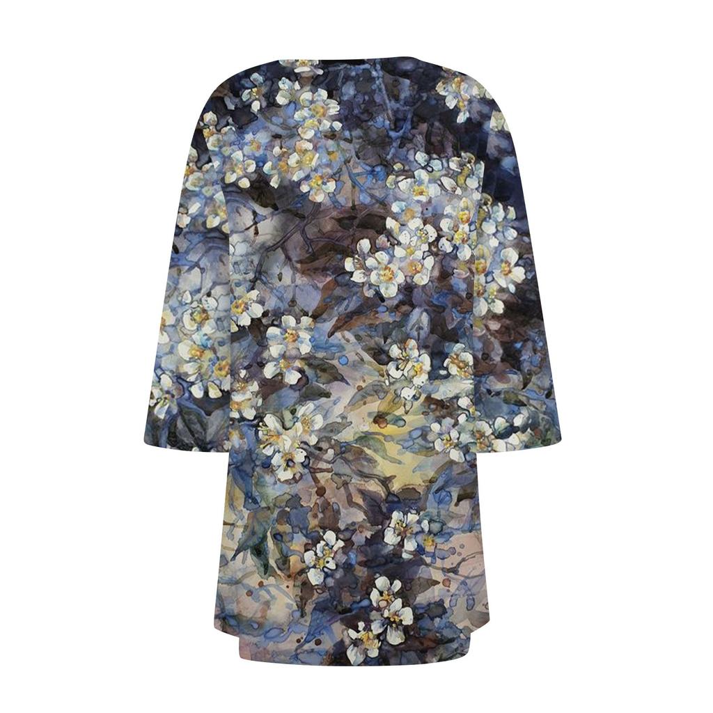 Women's Print Irregular Three-quarter Sleeve Cardigan With Pocket Jacket