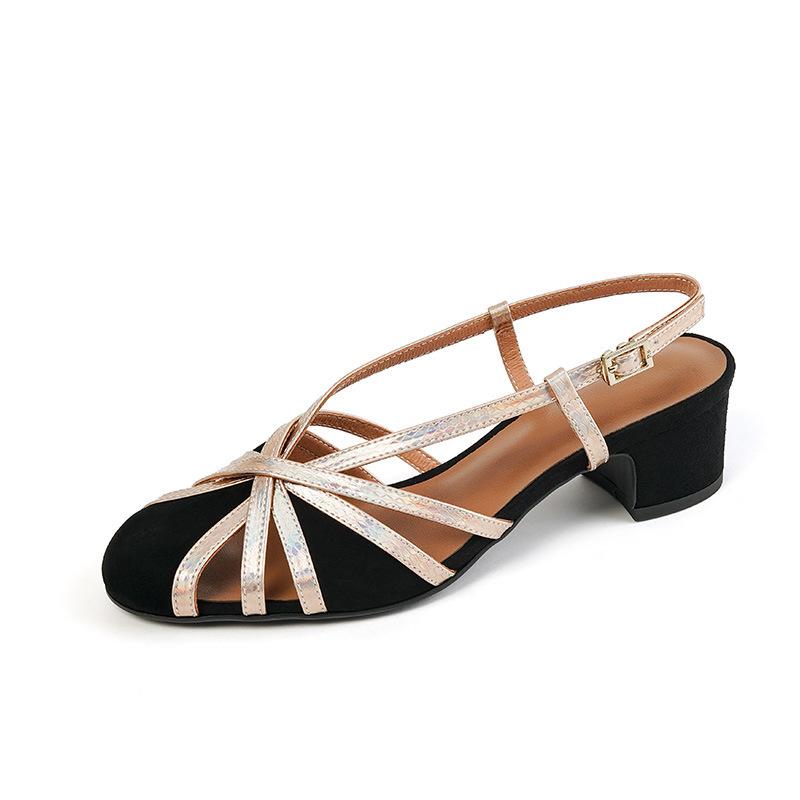 Baotou Back Empty Thick Heel Sandals Women's Summer New Women's Shoes Woven Thin Strips with Buckles Medium Heel Roman Shoes