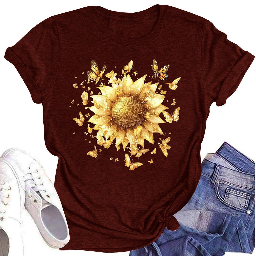 Женская повседневная футболка с круглым вырезом и цветочным принтом, короткий рукав