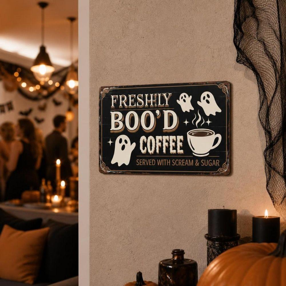 2D Flat Halloween Ghost Coffee Wooden Sign Vintage Style Cafe Retro Coffee Sign Entryway