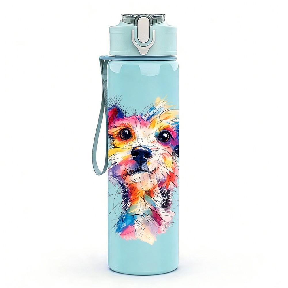 1PC Colorful Watercolor Dog Portrait Print 750ml Color Plastic Sports Water Bottle Leakproof Flip Straw Lid Suitable for Sports Office Home Use