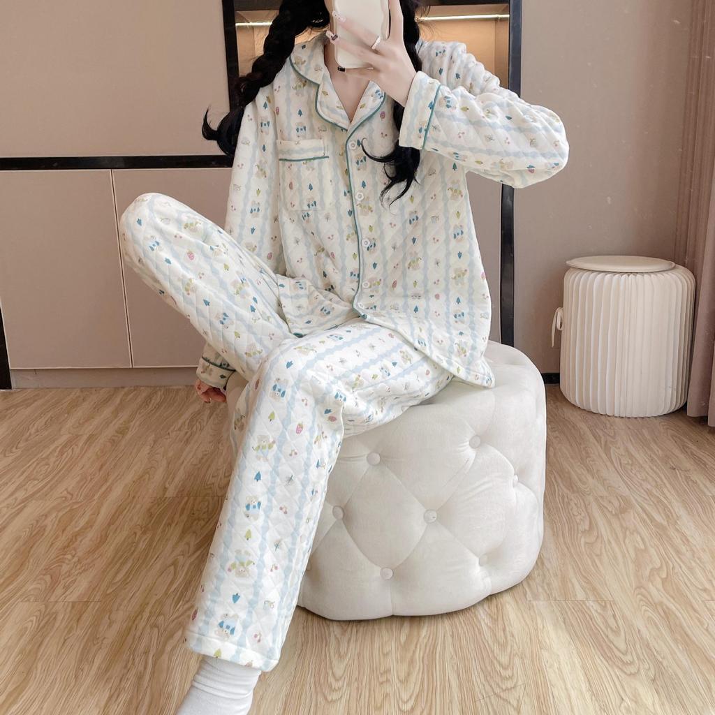 Women's Warm Pure Cotton Long-Sleeve Pajama Set - Autumn/Winter