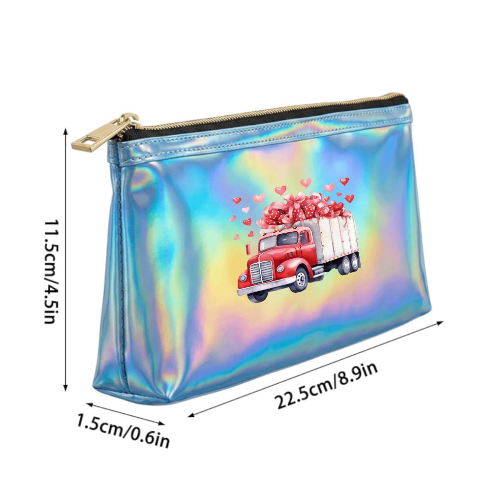 Romantic Red Truck and Heart Print Laser Cosmetic Makeup Bag,Travel Toiletry Pouch Organizer for Holiday Gift Women Girls