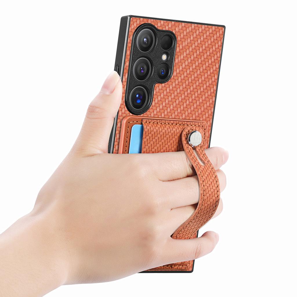Для Samsung Galaxy S25 Ultra чехол из углеродного волокна с текстурой из кожи задняя крышка телефона с держателем для карт